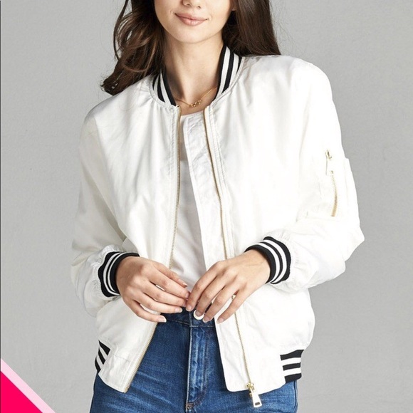 White Varsity Stripe Bomber - Picture 3 of 3